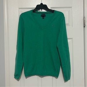 Tommy Hilfiger Green Pima Cotton Blend V Neck Sweater Womens Size Large Pullover